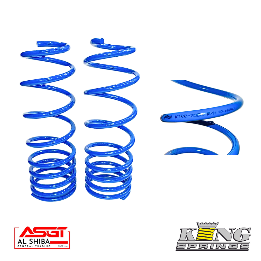 Blue coil springs for suspension, displayed with company logos at the bottom corners (King Springs and ASGT Al Shiba).