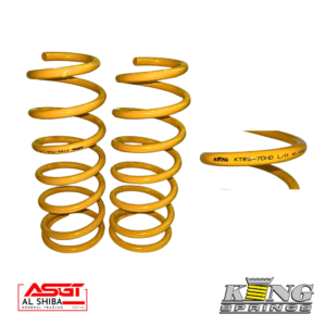Yellow automotive coil springs: two tall coils and a separated third piece, with King Springs and ASG logos at the bottom corners.