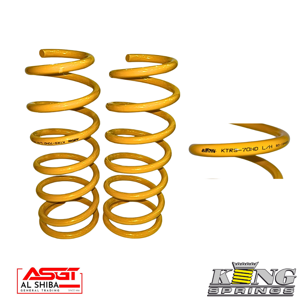 Yellow automotive coil springs: two tall coils and a separated third piece, with King Springs and ASG logos at the bottom corners.