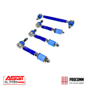 Set of blue adjustable suspension rods with ball joints for off-road vehicles, arranged diagonally.