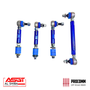 Four blue adjustable rod-end joints with blue bushings arranged in a row on a white background, branding logos at bottom corners (Al Shiba and Procomm).