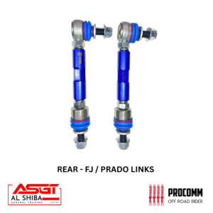 Pair of blue adjustable rear suspension links with nuts and bolts, labeled 'REAR - FJ / PRADO LINKS' under logos for AL SHIBA and PROCOMM OFF ROAD RIDER.