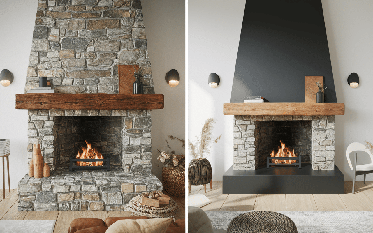 Cheminée en pierre brute avant après modernisation