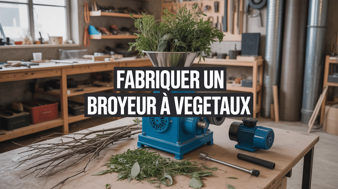 Atelier avec broyeur à végétaux artisanal, outils, et matériaux