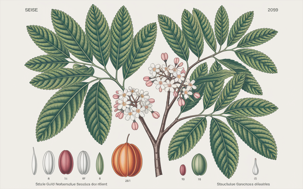 Détails botanique sorbier feuilles plumeuses baies rouges illustration