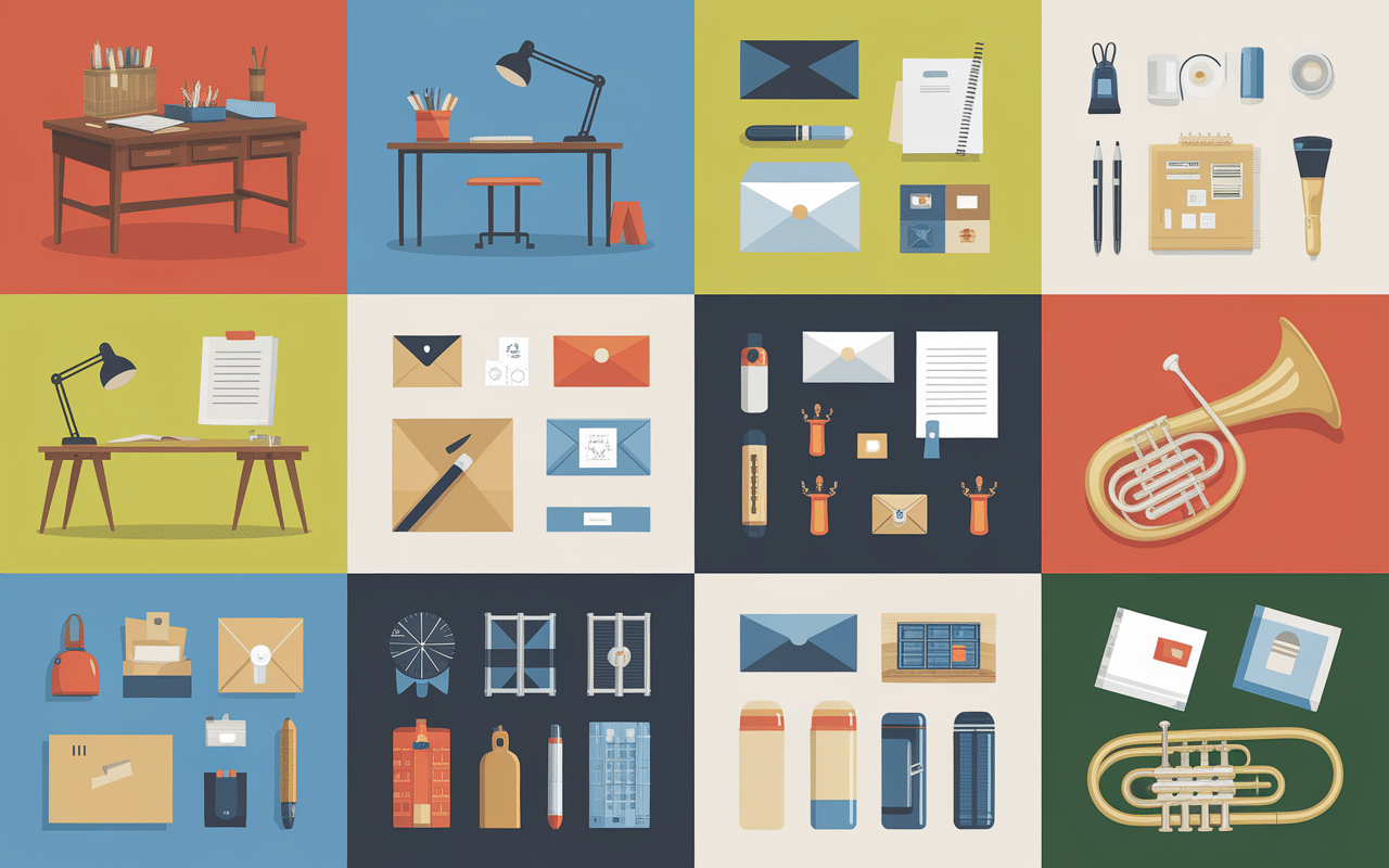 Vue d'ensemble d'objets E rangés par catégories