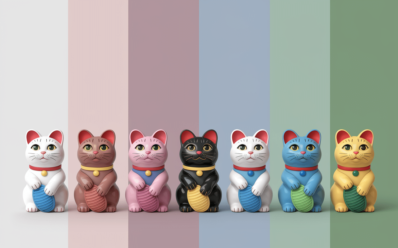 Chats maneki-neko de différentes couleurs et positions