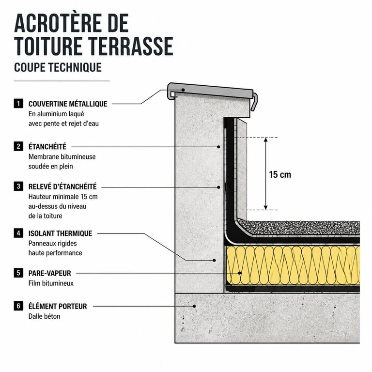 Schéma technique d'un acrotère de toiture terrasse avec étanchéité et couvertine