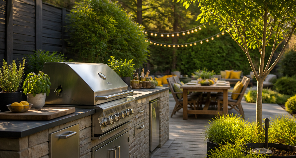 Barbecue cuisine extérieure inox pierre bois jardin