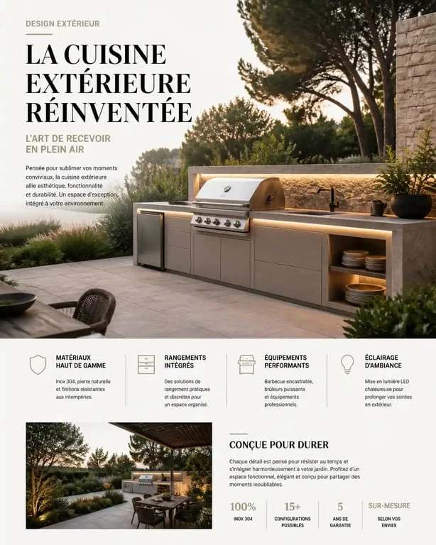 Cuisine extérieure moderne avec barbecue encastrable et plan de travail en pierre dans un jardin aménagé.