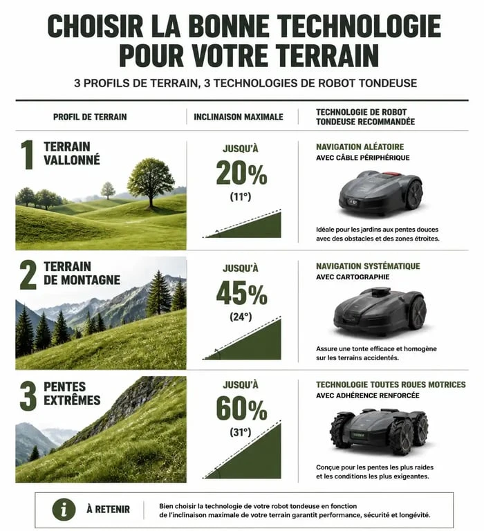 Infographie des technologies de robot tondeuse pour terrain accidenté selon l'inclinaison