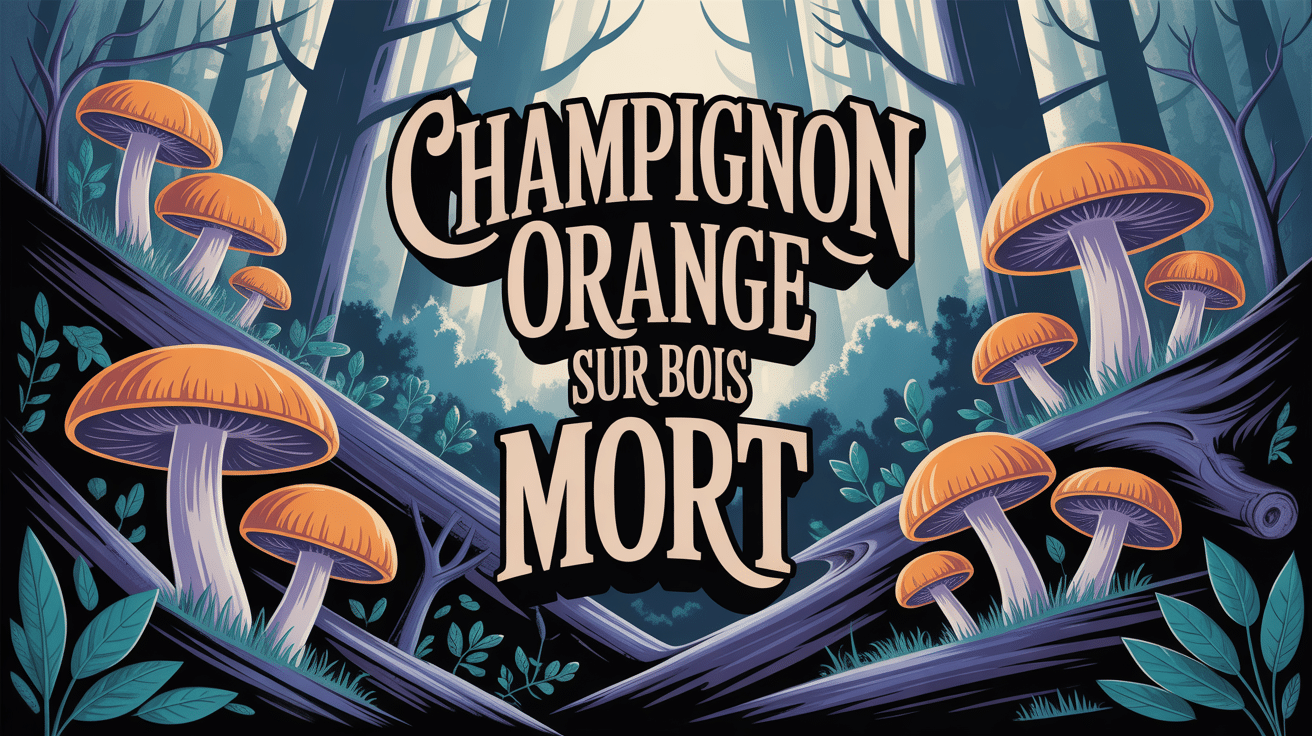 illustration champignon orange sur bois mort en foret mysterieuse