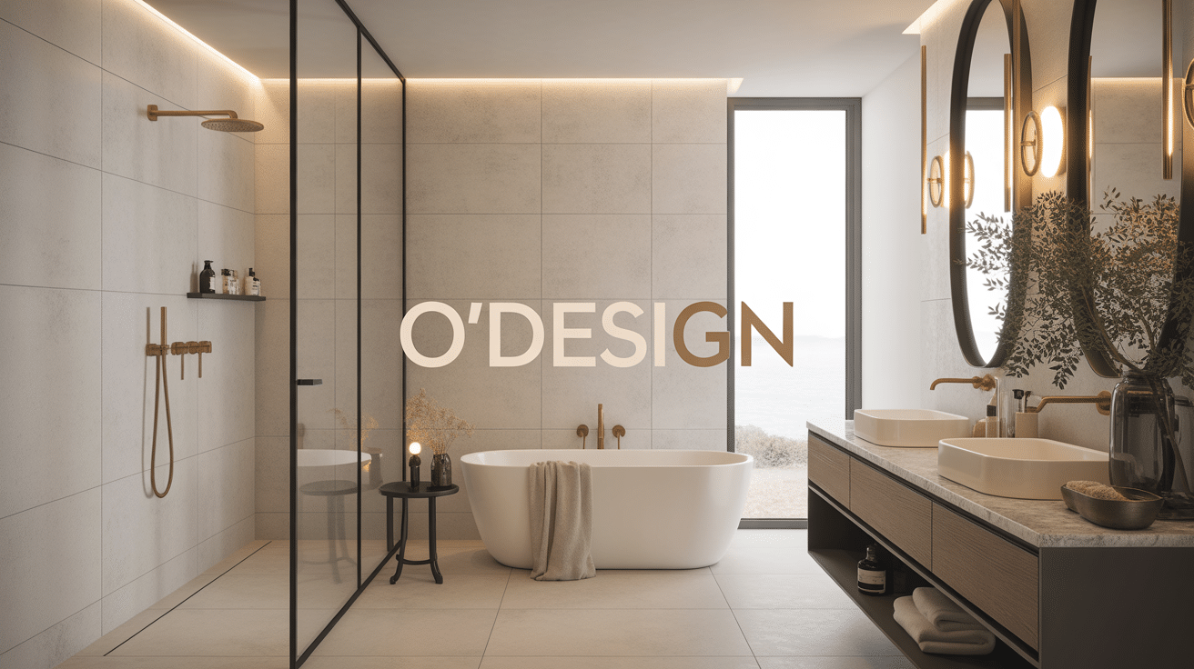 Salle de bain o design mobilier élégant robinetterie dorée baignoire contemporaine
