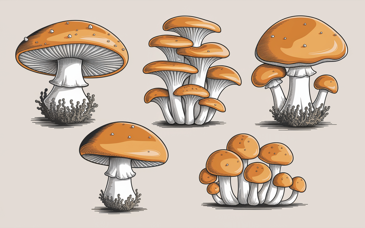 illustration champignons orange sur bois mort quatre especes distinctes