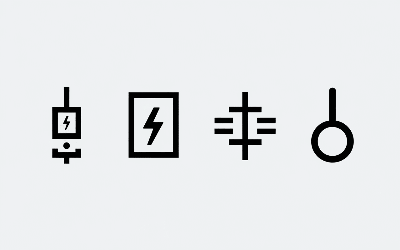 quatre symboles électriques y compris symbole disjoncteur noir sur blanc