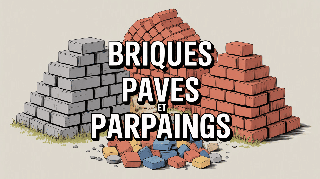 Vue d'ensemble des briques pavés et parpaings empilés