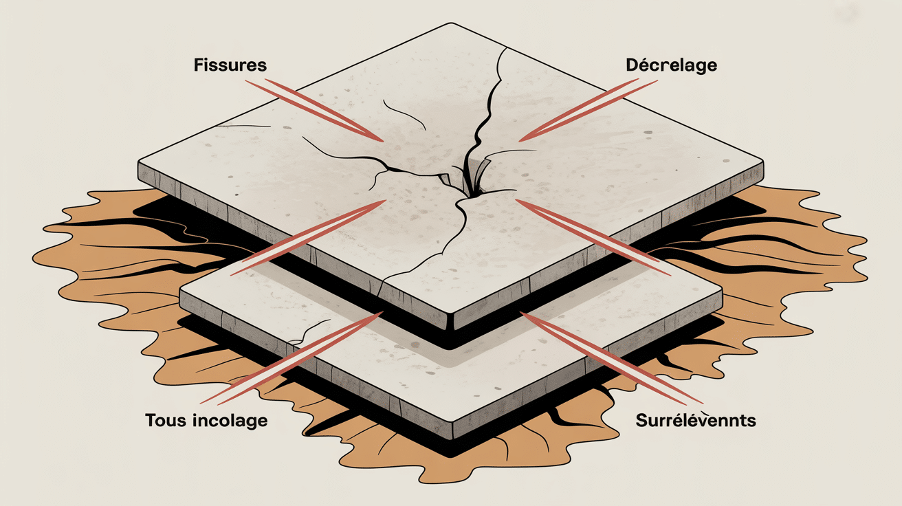 Vue en coupe avec problèmes de surélévation et fissures