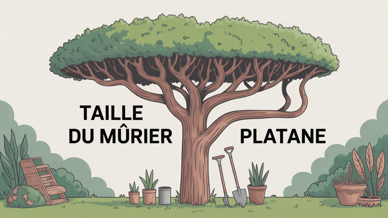 Mûrier platane en parasol avec outils de jardinage