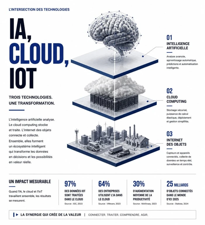 Infographie des tendances technologiques majeures : IA, Cloud et IoT pour un blog technologie