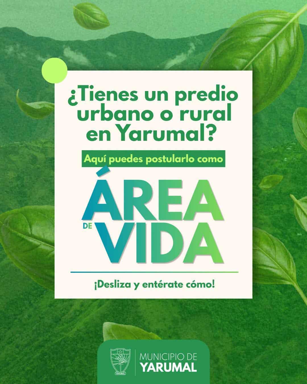 Pieza informativa sobre Áreas de Vida en Yarumal y la convocatoria para postular predios
