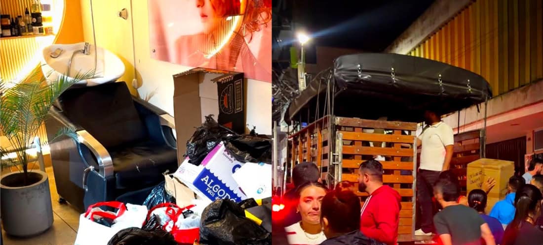 Voluntarios organizan ayudas humanitarias en un salón de belleza de El Santuario.
