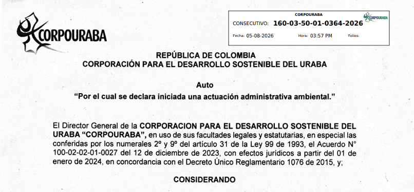 Imagen de apoyo de CORPOURABA sobre autos y resoluciones hídricas de 2026