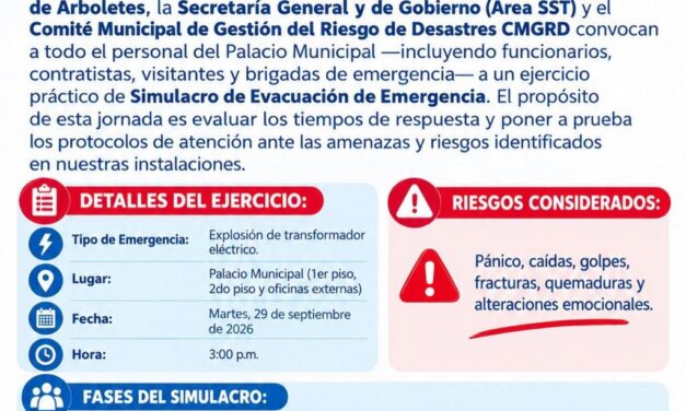 Arboletes realizará simulacro de evacuación en el Palacio Municipal