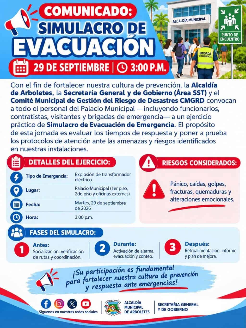 Pieza gráfica del simulacro de evacuación en el Palacio Municipal de Arboletes