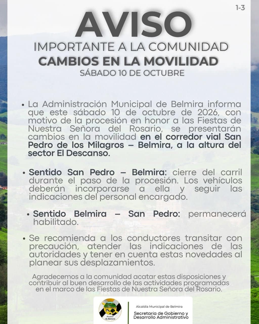 Pieza informativa sobre movilidad Belmira durante las fiestas del Rosario