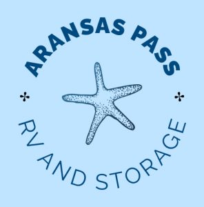 Aransas Pass RV Park and Storage Aransas Pass RV and Storage logo with blue starfish center, curved dark blue business name, light blue background. RV park branding.