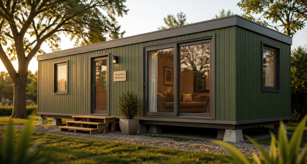 bungalow préfabriqué moderne 15m2 façade verte sur terrain