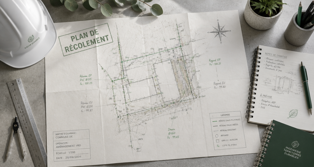 plan de récolement sur bureau d'ingénieur après chantier