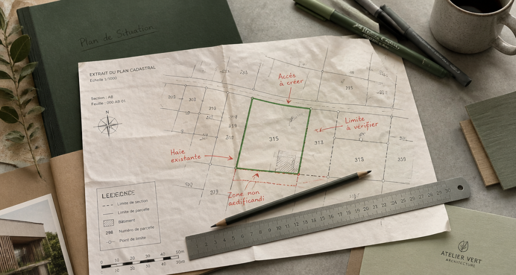 un plan de situation du terrain annoté sur bureau