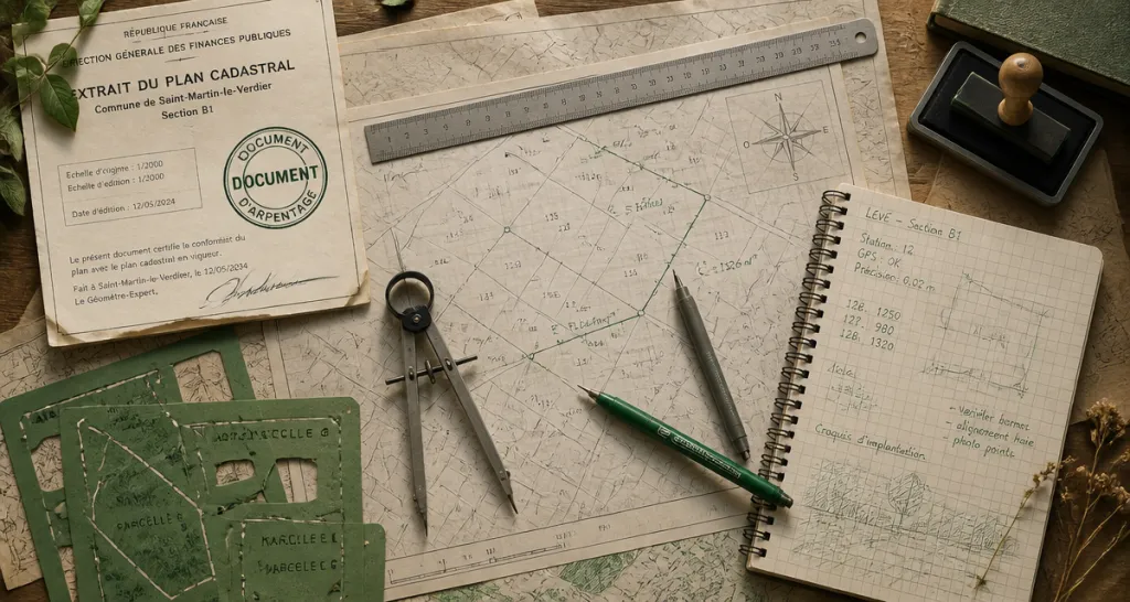 document d arpentage sur bureau avec plans cadastraux