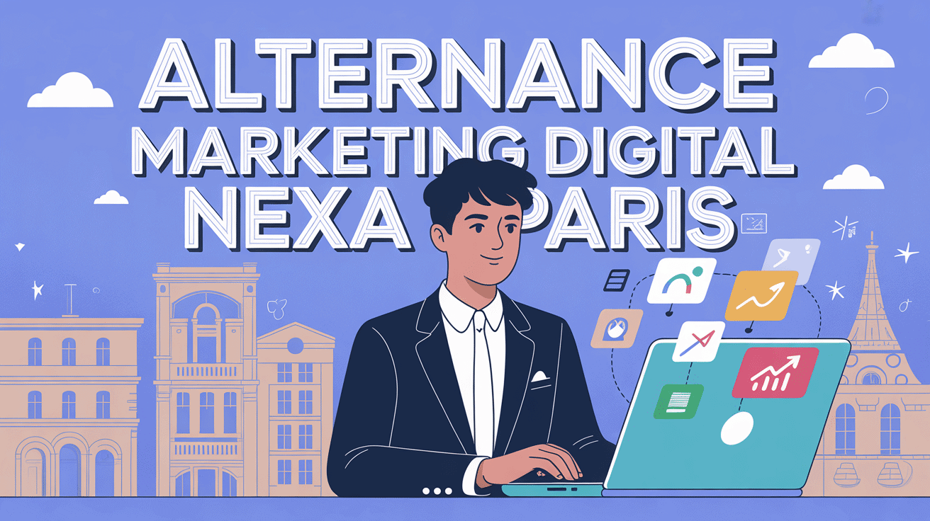 Jeune professionnel en alternance marketing digital Paris Nexa avec ordinateurs et icônes