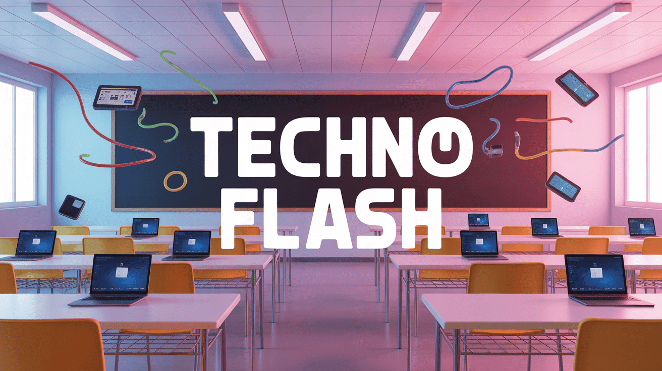 salle de classe moderne techno flash avec tableau interactif et ordinateurs