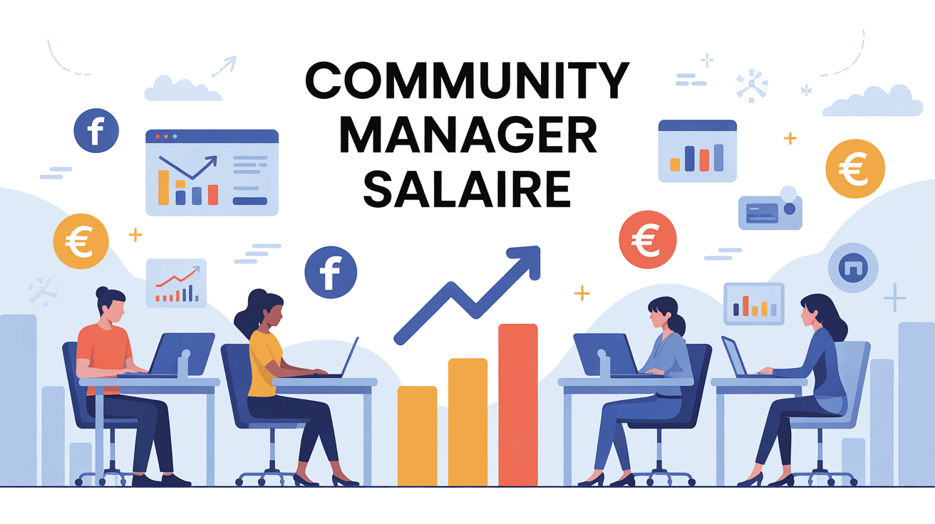 Illustration community manager avec icônes sociaux.