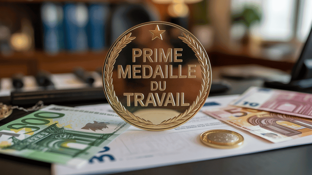 Médaille du travail et billets d'euros sur le bureau