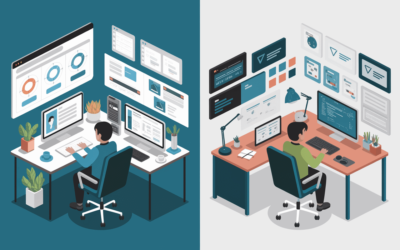 Split-screen UI and UX designer workspace