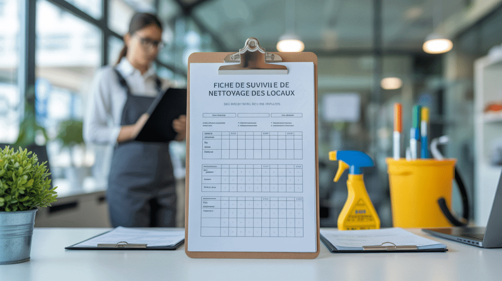fiche de suivi de nettoyage des locaux sur clipboard au bureau