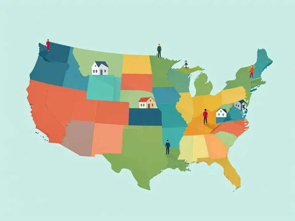 carte stylisée salaire moyen usa selon régions et niveau de vie