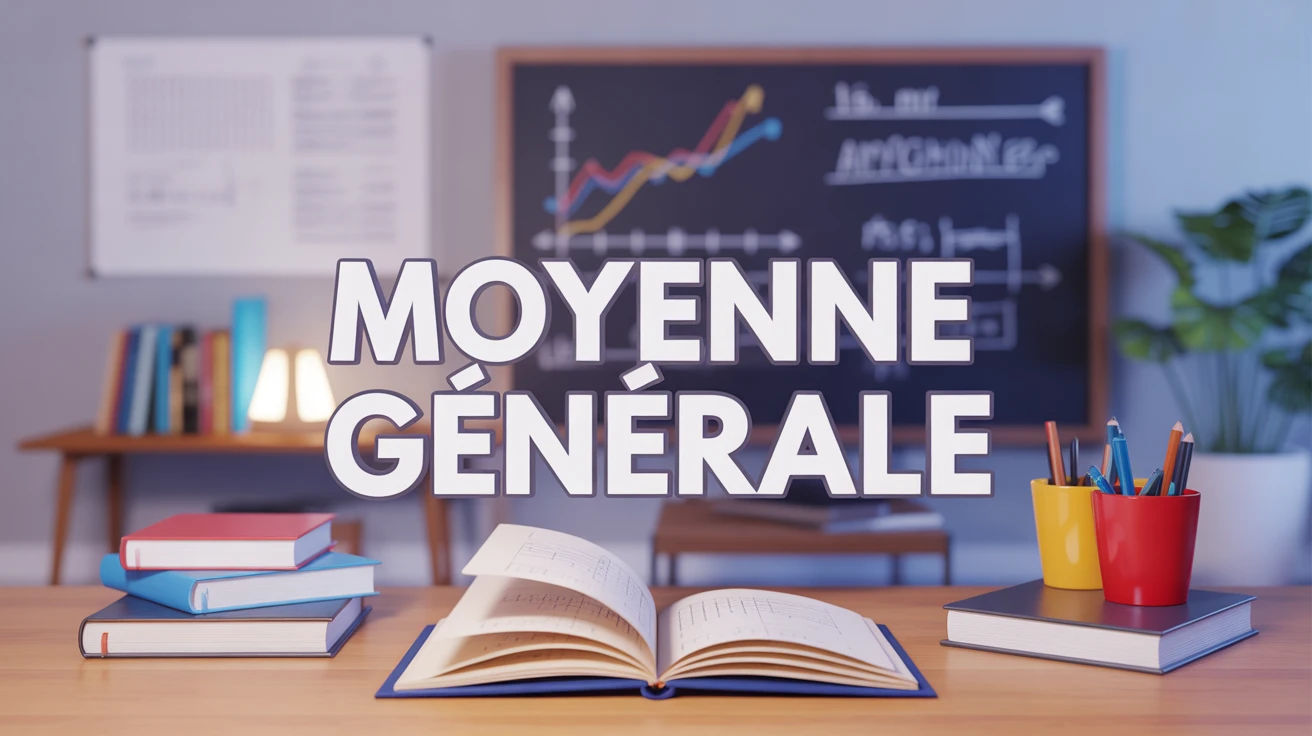 Illustration moyenne générale livres tableau notes graphiques bleus blancs