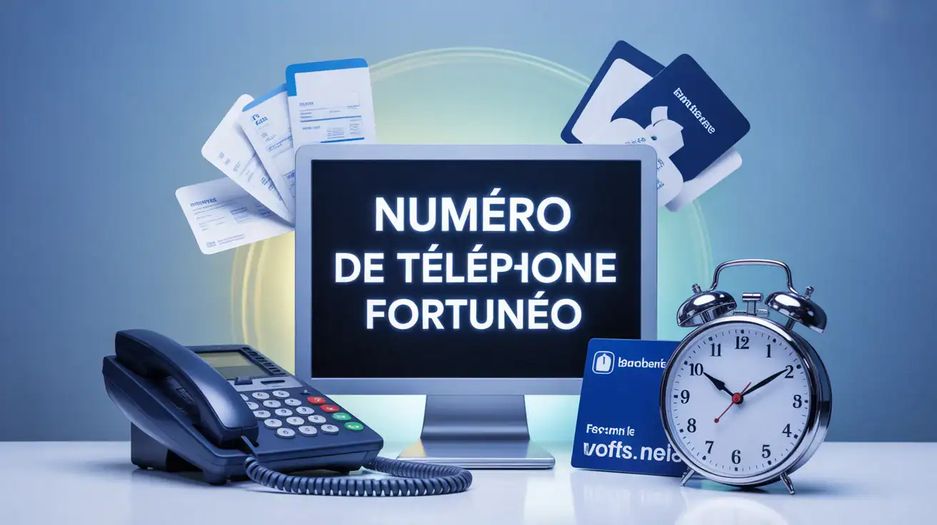 Illustration service client numéro de téléphone Fortuneo avec téléphone et horloge