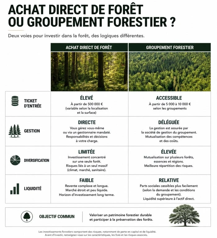 Comparatif investissement forestier achat direct vs groupements forestiers