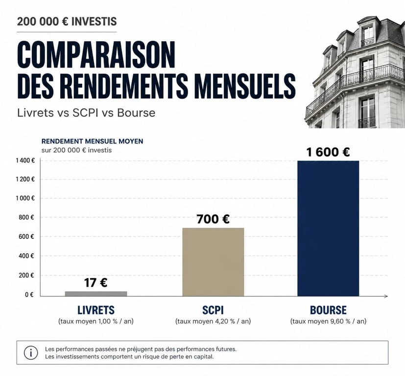 Graphique comparatif des rendements mensuels pour un placement de 200 000 euros selon le type d'investissement