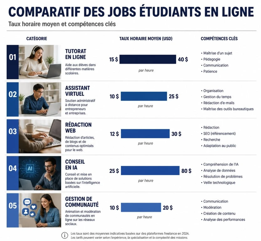 Tableau comparatif des jobs étudiants en ligne : rémunérations et compétences clés pour réussir