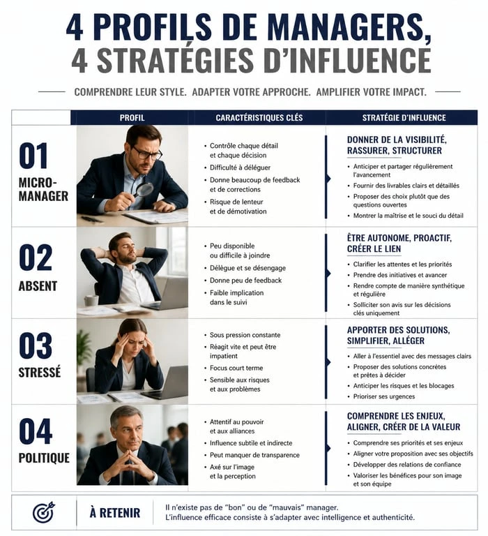 Infographie des stratégies pour manager son manager selon son profil