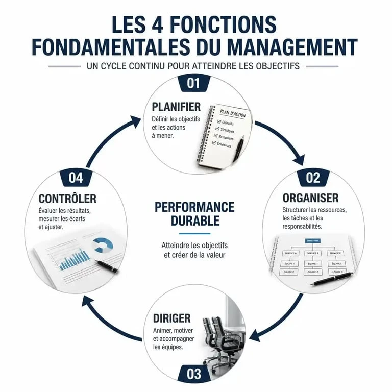 Infographie illustrant les 4 fonctions fondamentales du management : planifier, organiser, diriger et contrôler pour une définition du management efficace.