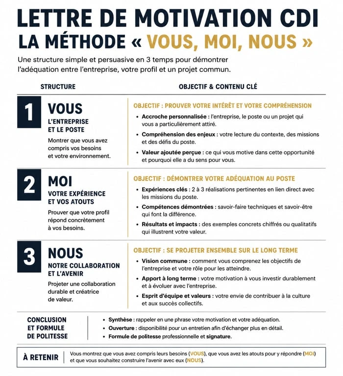 Infographie de la structure d'une lettre de motivation CDI efficace avec la méthode Vous Moi Nous
