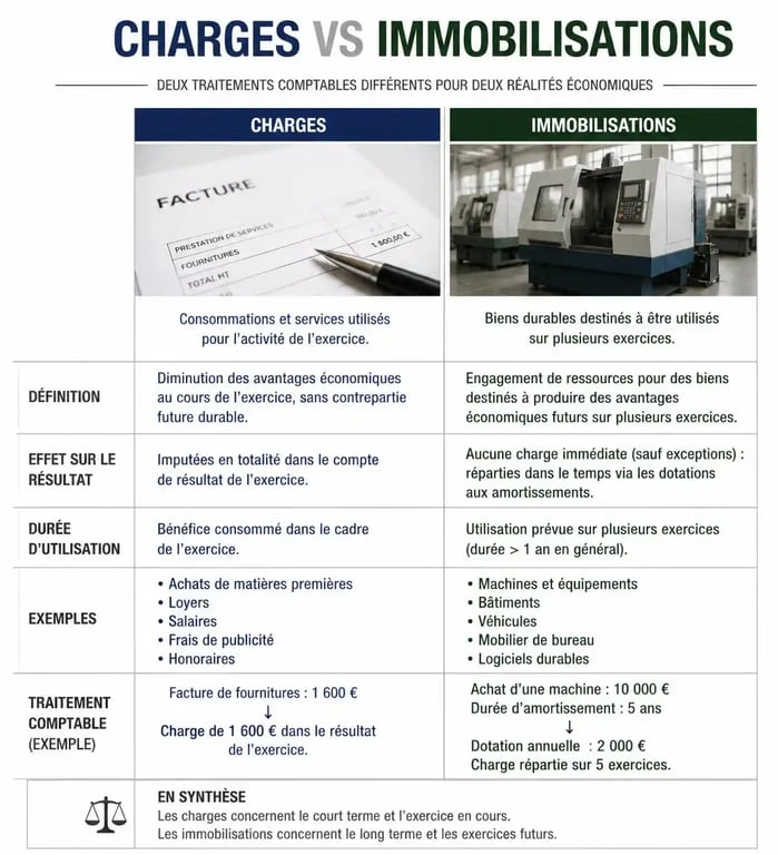 Schéma comparatif entre charges et immobilisations pour la comptabilisation